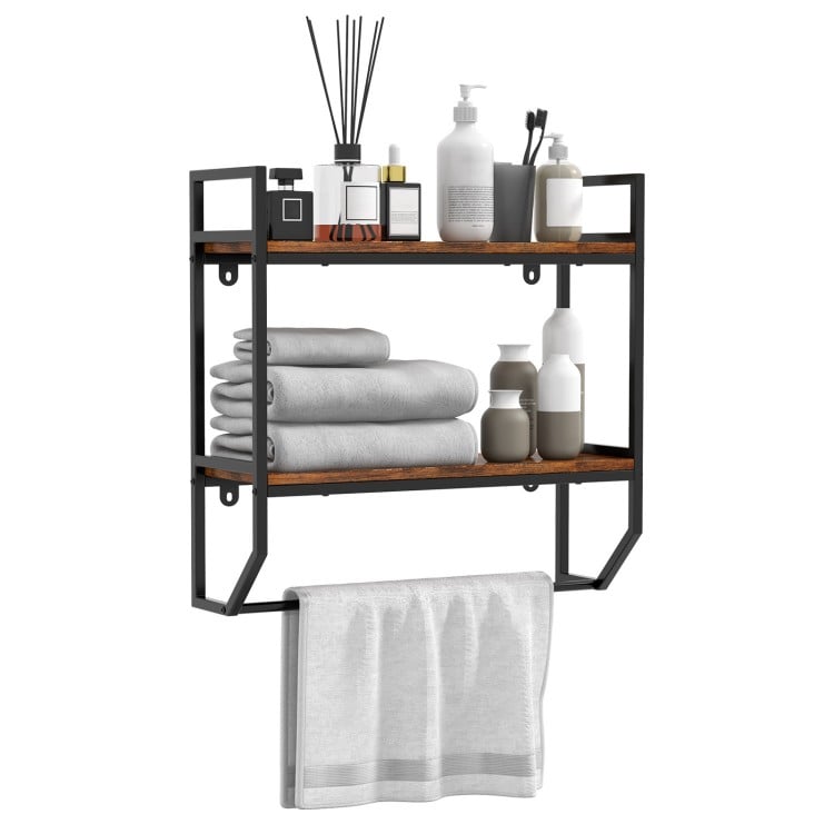 Wall-mounted over the toilet shelf with metal frame, featuring two open shelves and a round towel bar for bathroom.