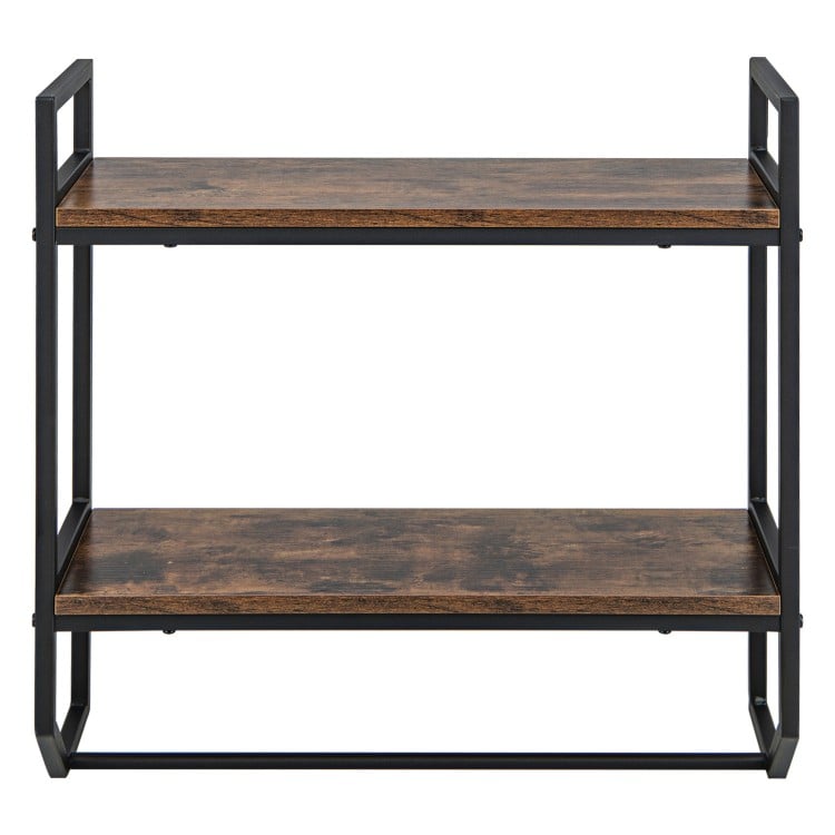 Wall-mounted bathroom shelf with metal frame, featuring two open storage shelves and a round towel bar for versatile.