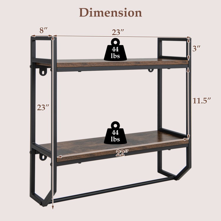 Wall-mounted over the toilet shelf with metal frame, featuring two open storage shelves and a towel bar for bathroom.