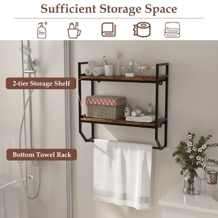 Wall-mounted over the toilet shelf with 2-tier storage, metal frame, and towel rack for bathroom organization.