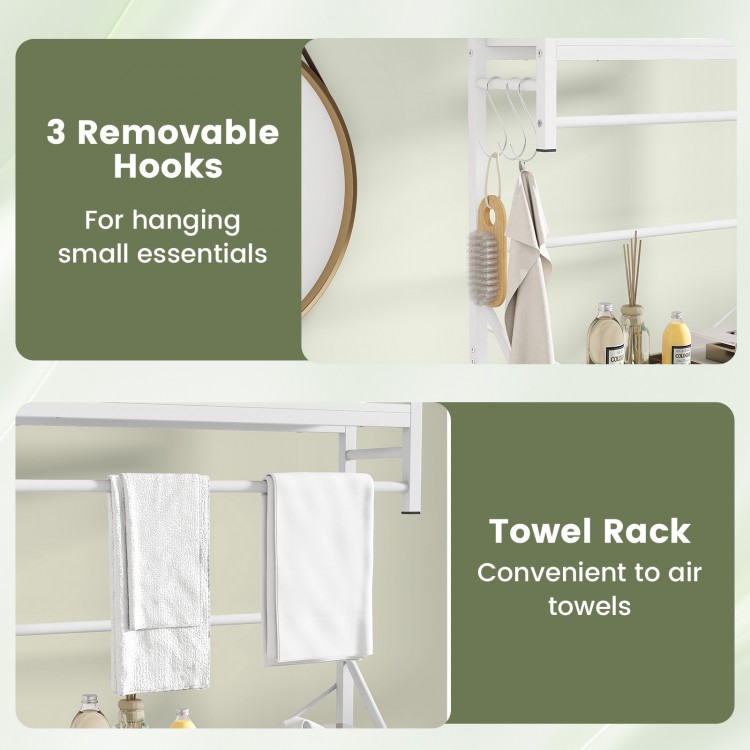 Over the toilet storage rack with 3 hooks and towel holder, ideal for small bathroom organization in white.