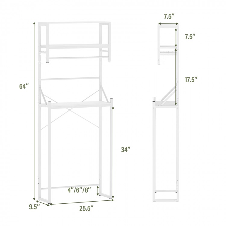 3-tier over toilet storage rack in white with towel holder, adjustable bottom bar, ideal for small bathrooms.