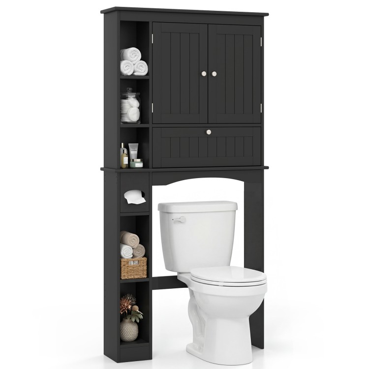 Over the toilet storage cabinet in black with adjustable shelf, two cabinets, and five compartments for versatile.