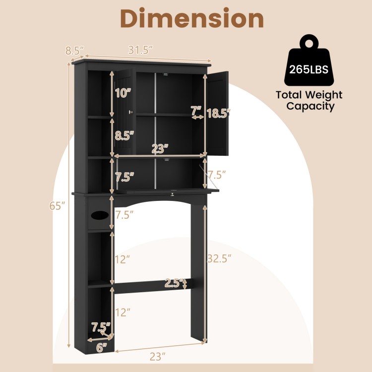 Over the Toilet Storage Cabinet dimensions with adjustable shelf, black finish, and 265 lbs weight capacity for.