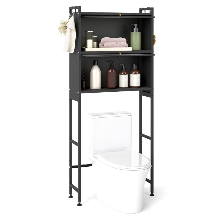 Over-the-toilet cabinet in black with flip-up doors, hooks, and adjustable feet for smart bathroom storage.