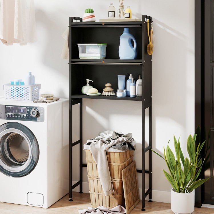 Over-the-toilet cabinet organizer in black with flip-up doors, hooks, and adjustable feet for smart bathroom storage.