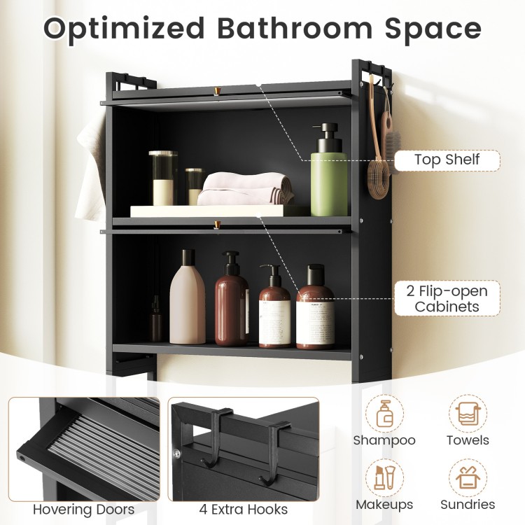 Over-the-toilet bathroom organizer in black with flip-open cabinets, hooks, and raised edges for smart storage.