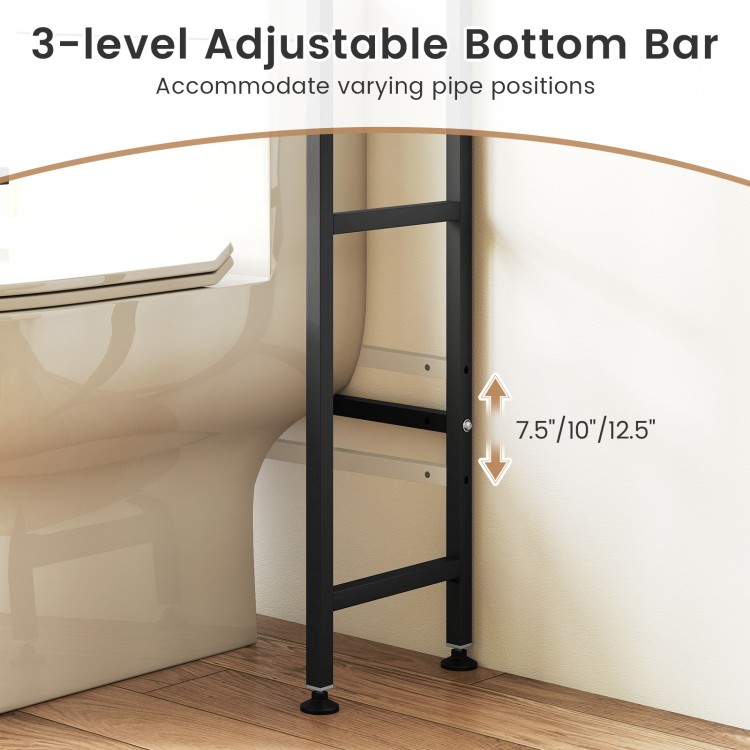 3-level adjustable bottom bar of the black over-the-toilet cabinet organizer for varying pipe positions.