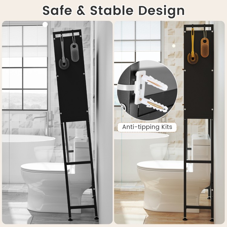 Over-the-toilet cabinet organizer in black with flip-up doors, hooks, and anti-tip kits for secure bathroom storage.