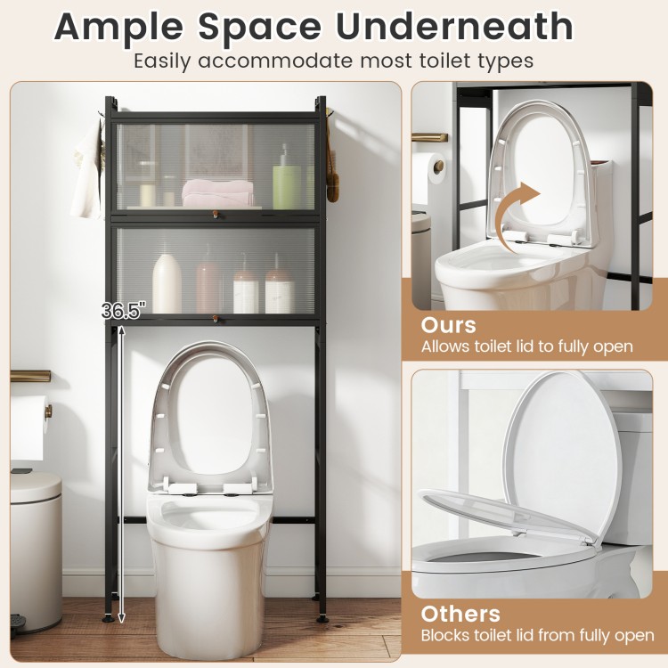 Over-the-toilet cabinet organizer in black with flip-up doors and ample space underneath for most toilet types.