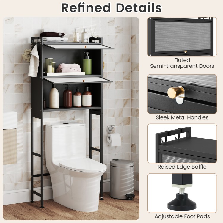 Over-the-toilet cabinet organizer in black with flip-up cabinets, adjustable foot pads, and fluted semi-transparent.