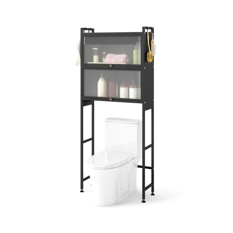 Over-the-toilet cabinet in black showcasing fluted semi-transparent doors for modern storage and easy access to.