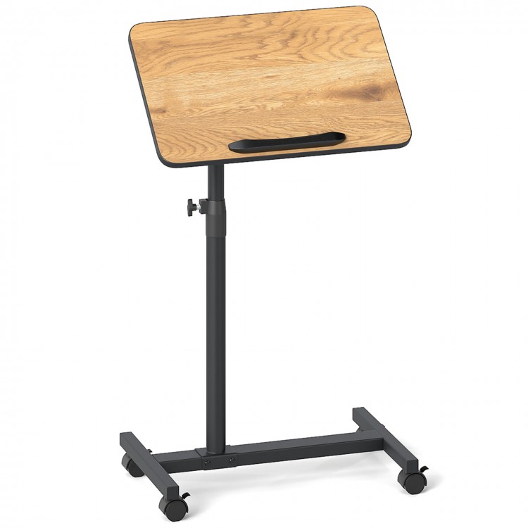 Overbed rolling food tray table with adjustable height, 360° rotating tabletop, and wheeled base for easy mobility.