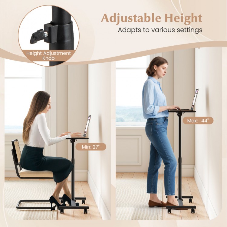 Adjustable height overbed rolling food tray table shown in two positions, ideal for meals and laptop use in various.