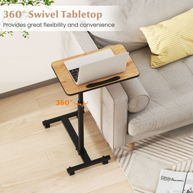 Overbed rolling food tray table with 360° swivel tabletop, adjustable height, and wheeled base for easy mobility.