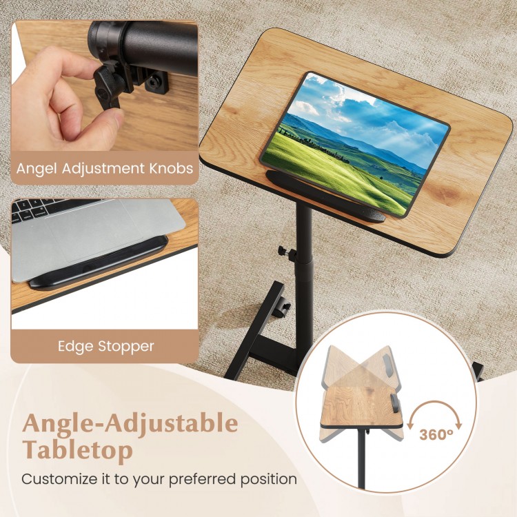 Angle-adjustable tabletop of the Overbed Rolling Food Tray Table, featuring 360° rotation and edge stopper for.