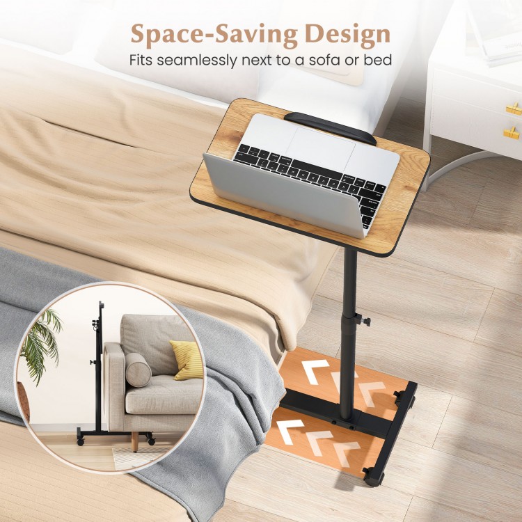 Overbed rolling food tray table with adjustable height, 360° rotating surface, and space-saving design for versatile.