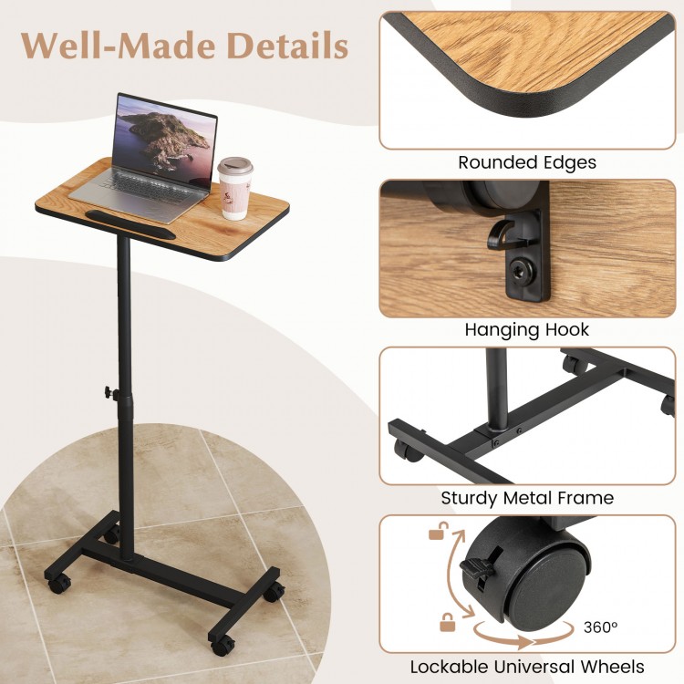 Overbed rolling food tray table with adjustable height, 360° rotating top, and sturdy metal frame for versatile use.