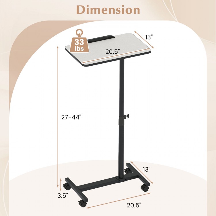 Gray overbed rolling table food tray with adjustable height, 360° rotating tabletop, and wheeled base for easy mobility.