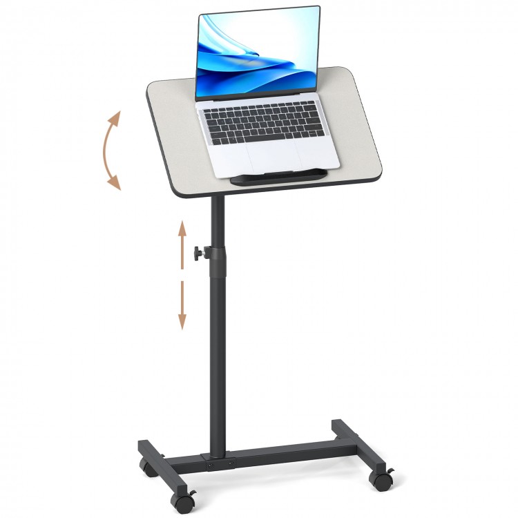 Gray overbed rolling table with adjustable height and 360° rotating tabletop, ideal for meals and laptop use.