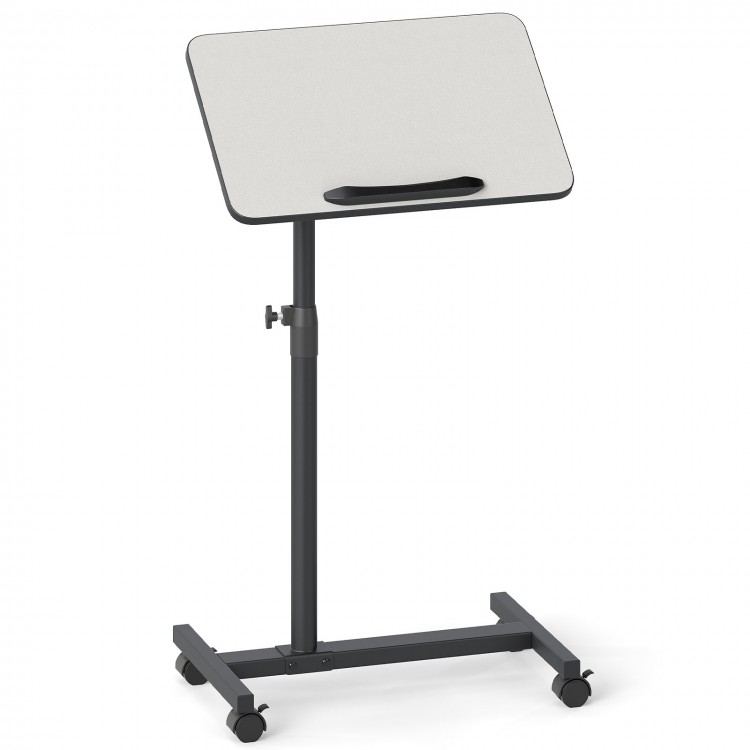 Gray overbed rolling table with adjustable height, 360° rotating tabletop, and wheeled base for easy mobility and use.