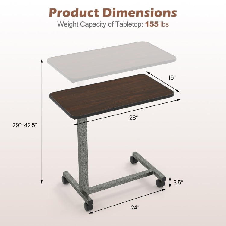 Overbed table with walnut finish features a 28" x 15" surface, adjustable height, and lockable rolling wheels for stability.
