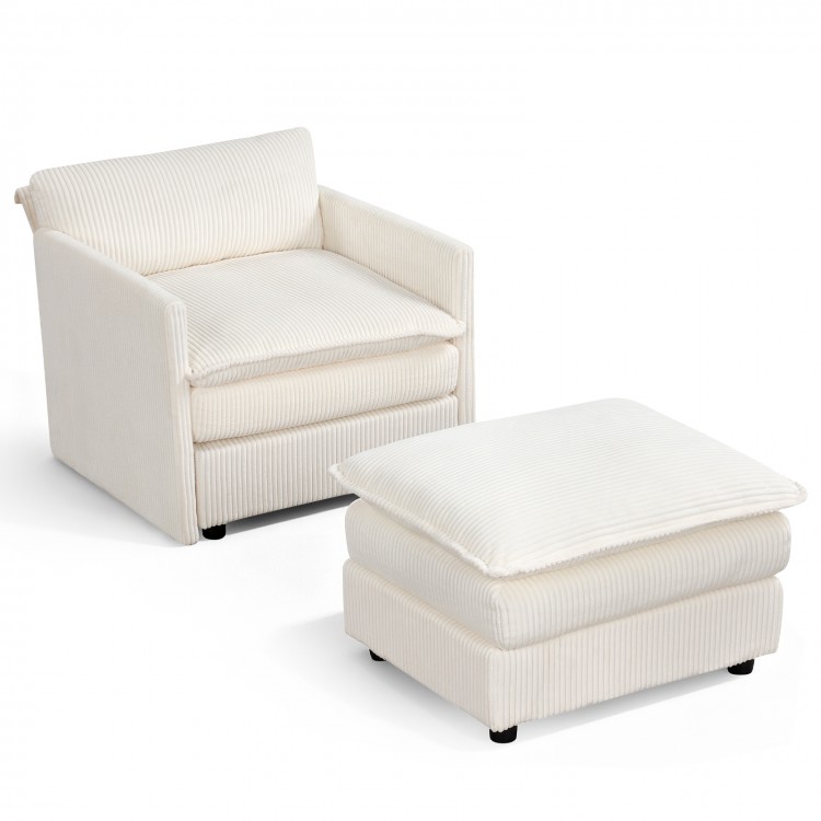 Oversized accent chair and ottoman in beige corduroy with plush cushions, perfect for comfortable relaxation.