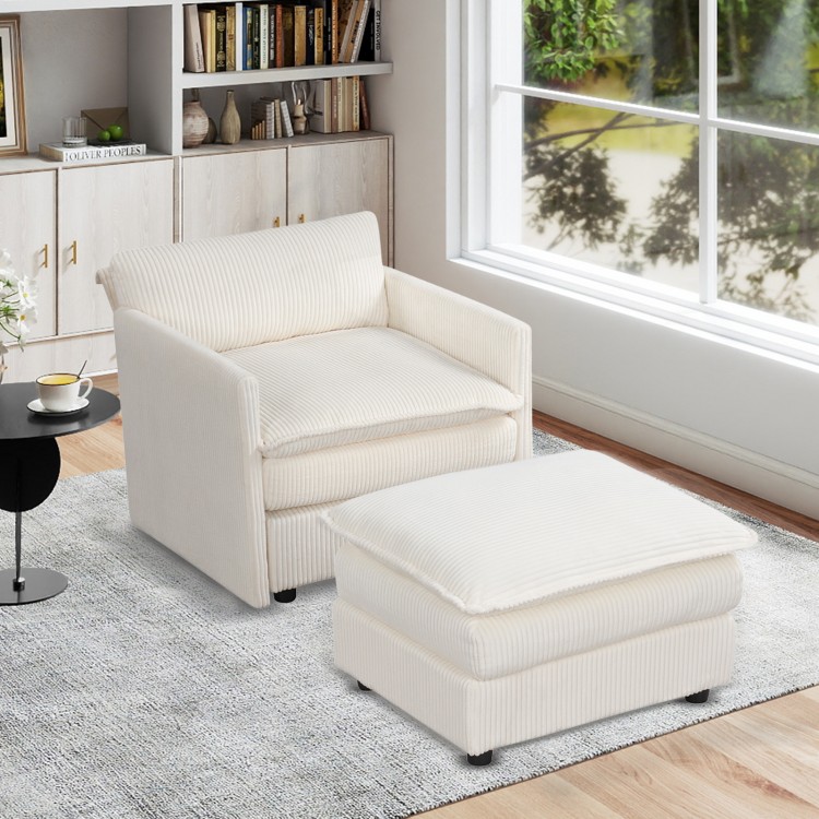 Oversized accent chair with beige corduroy cushions and matching ottoman, perfect for comfortable living room.