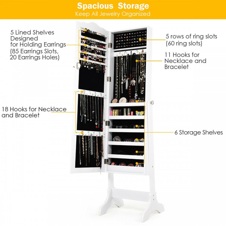 Mirrored lockable jewelry cabinet armoire in white with 5 shelves, 29 hooks, and 60 ring slots for organized storage.