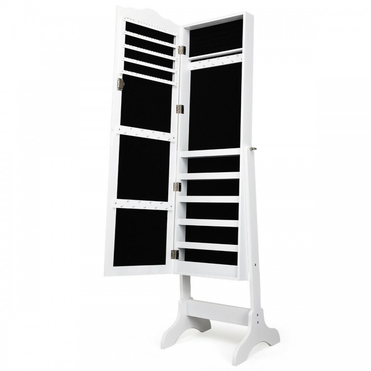 Interior view of a white lockable jewelry cabinet armoire with velvet liner, featuring 5 shelves and 29 hooks for.