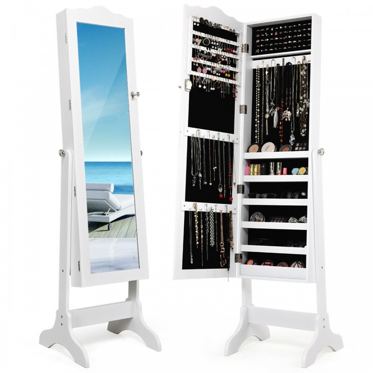 Full-length mirror jewelry cabinet in white with lock, featuring 5 shelves, 29 hooks, and 60 ring slots for organized.