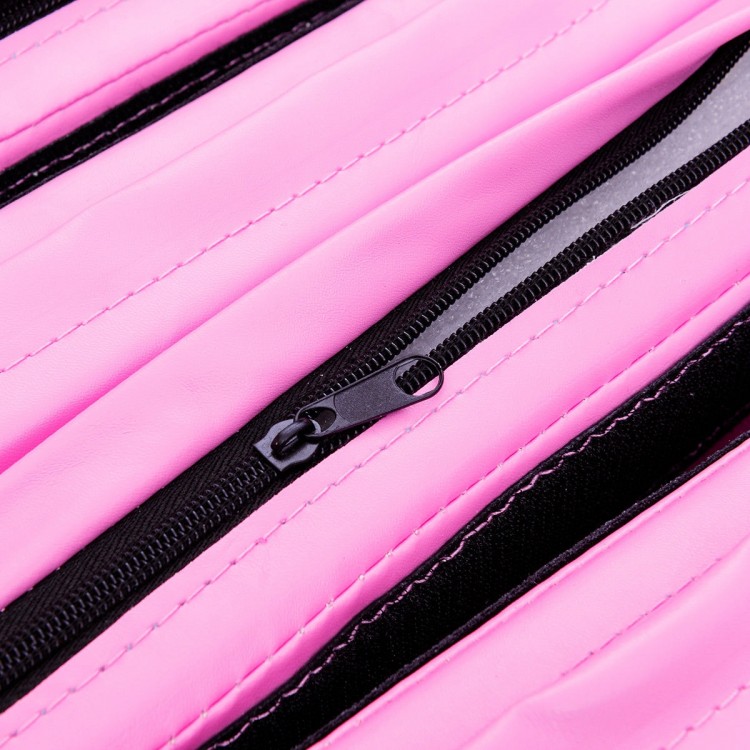 Close-up of the pink PU leather cover and zippers on a 4' x 6' folding gymnastics mat for easy storage and transport.