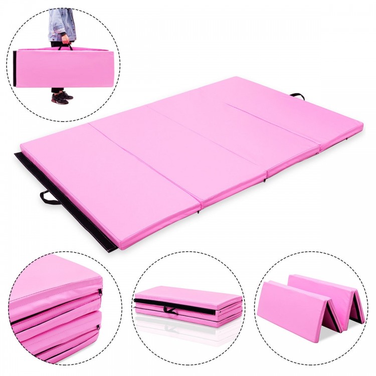 Pink 4' x 6' x 2" folding gymnastics mat with handle, ideal for yoga, tumbling, and easy storage.