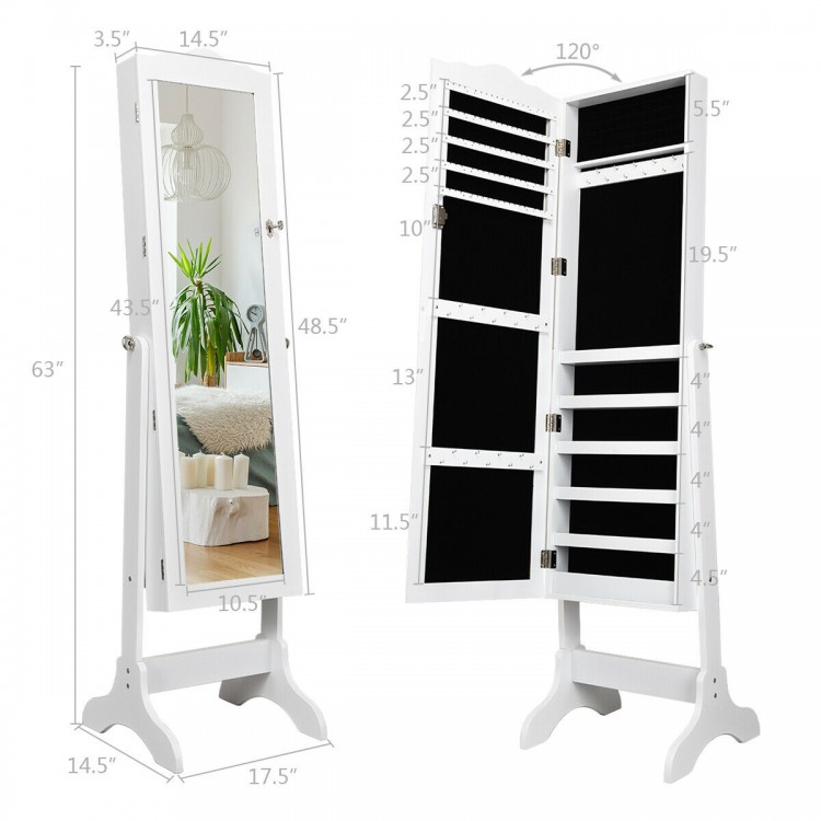 Full-length white mirrored jewelry cabinet with lock, featuring 5 shelves, 29 hooks, and 60 ring slots for organized.