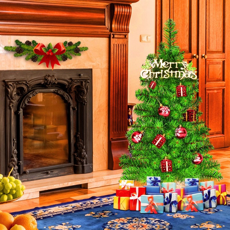 2 ft artificial Christmas tree with PVC branches, burlap base, and gifts, perfect for holiday decor in any space.