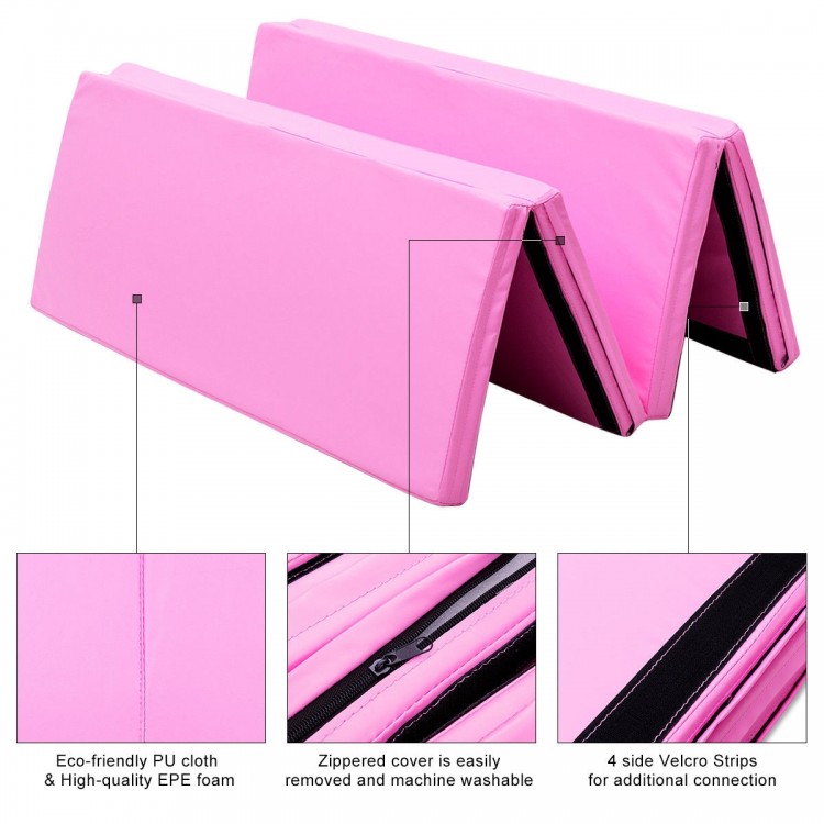 Pink 4' x 6' x 2" folding gymnastics mat with eco-friendly PU cloth, Velcro strips for connection, ideal for exercise.