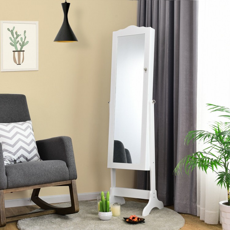 White mirrored jewelry cabinet armoire with tilting feature, showcasing a full-size mirror and elegant design for.