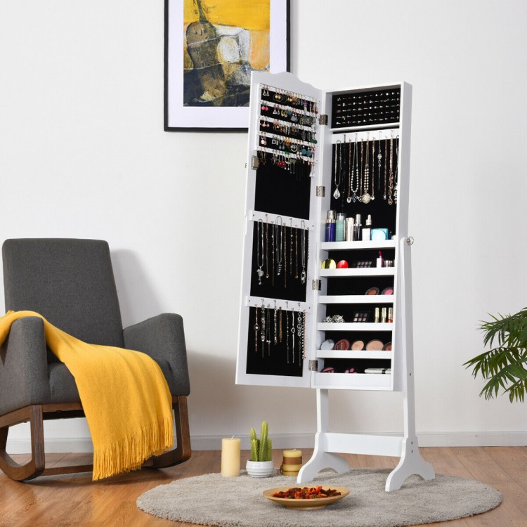 Lockable white jewelry cabinet armoire with full-size mirror, 5 shelves, 29 hooks, and 60 ring slots for organized.