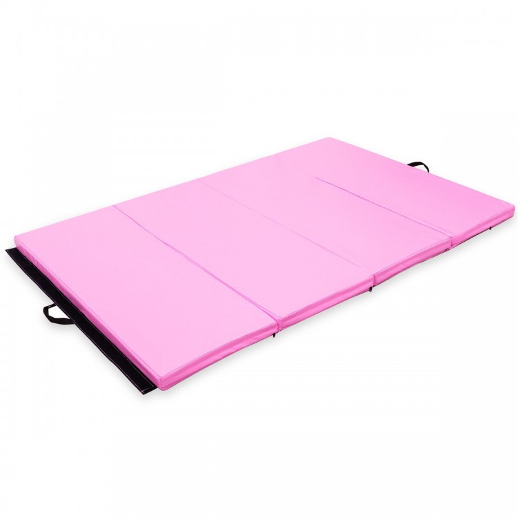 Pink 4' x 6' x 2" folding gymnastics mat with PU leather cover, ideal for yoga, aerobics, and kids' exercise.