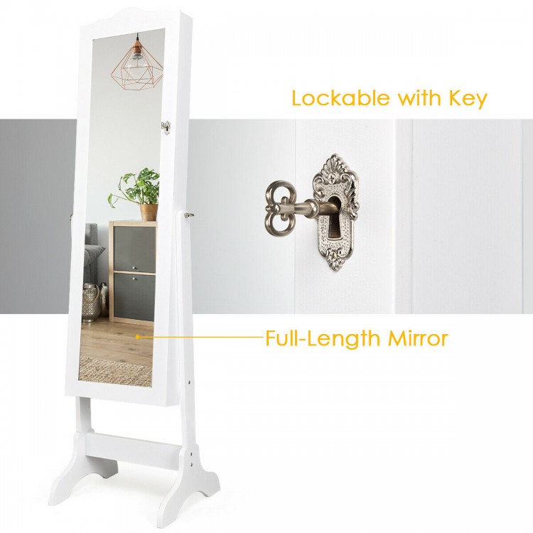 Full-length mirror jewelry cabinet in white, featuring lockable design, 5 shelves, and 29 hooks for organized storage.