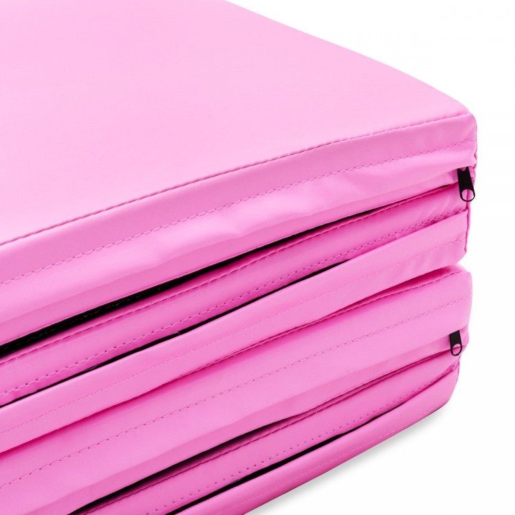 Close-up of a pink 4' x 6' x 2" folding gymnastics mat with zippers, ideal for yoga, tumbling, and portable storage.