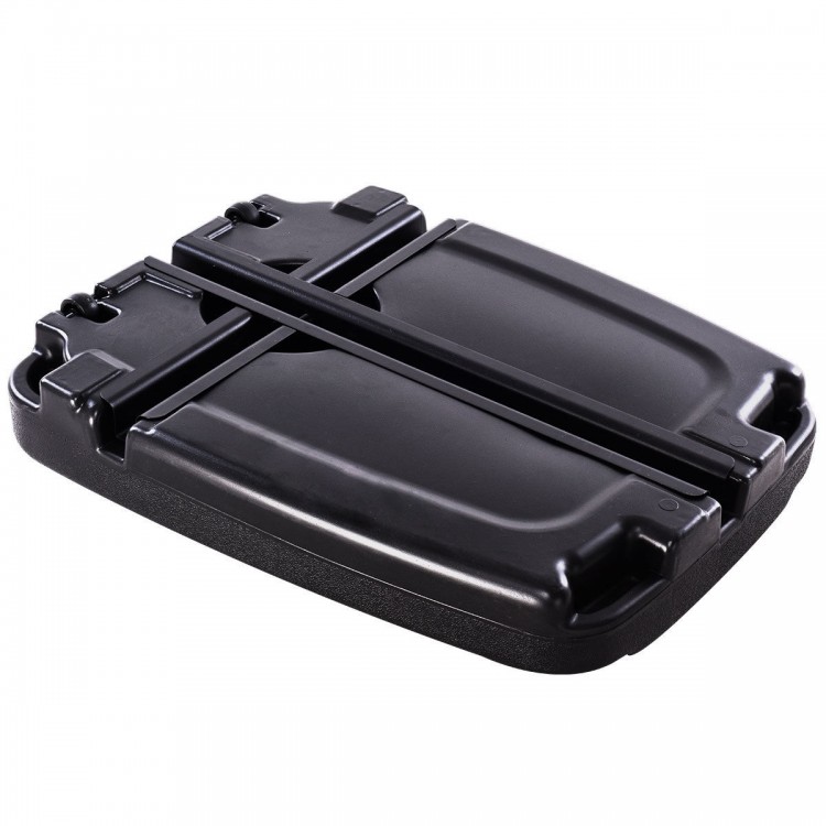 60L black plastic weighted umbrella base, made of HDPE, designed for stability in windy conditions, ideal for patio use.