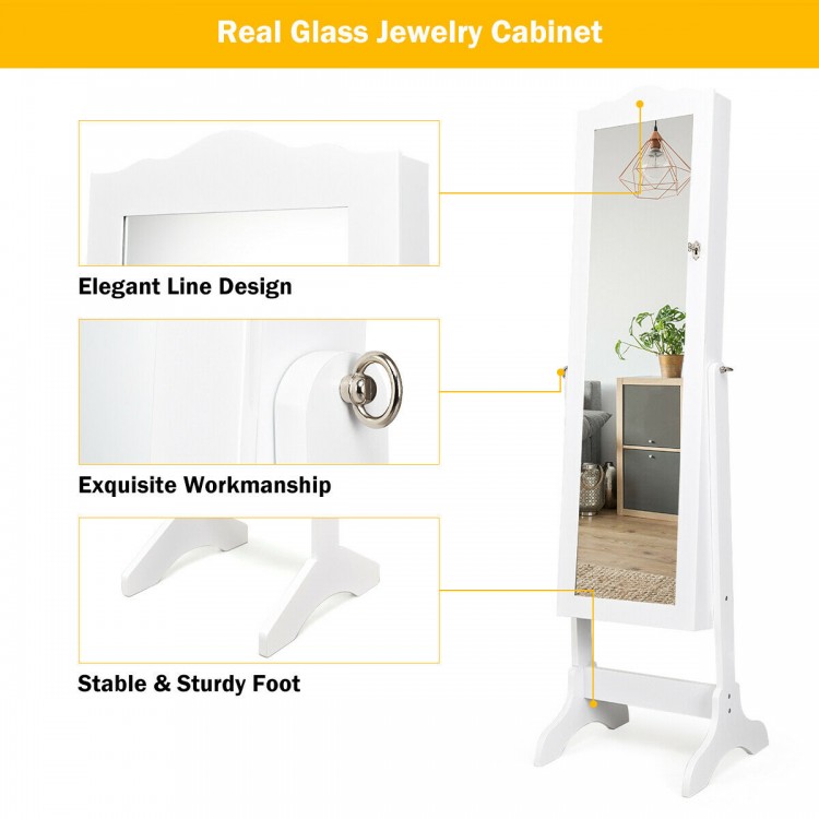 Lockable white jewelry cabinet with full-size mirror, 5 shelves, 29 hooks, and 60 ring slots for organized storage.