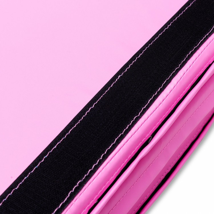 Close-up of the pink PU thick folding gymnastics mat, featuring durable stitching and Velcro for easy connection to.