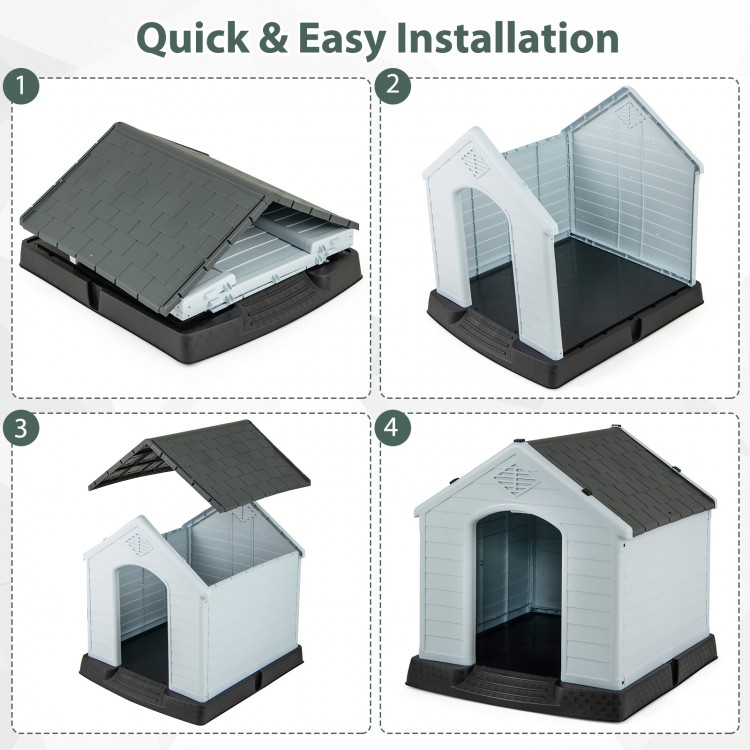 Dog house assembly steps showcasing waterproof plastic design with elevated floor for small dogs, easy installation.