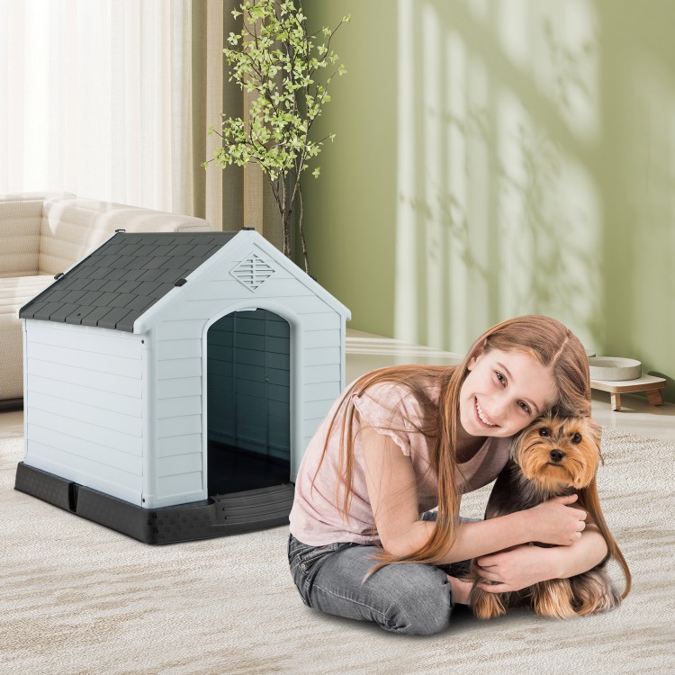 Durable waterproof dog house for small dogs with elevated floor, featuring a removable roof for easy cleaning.