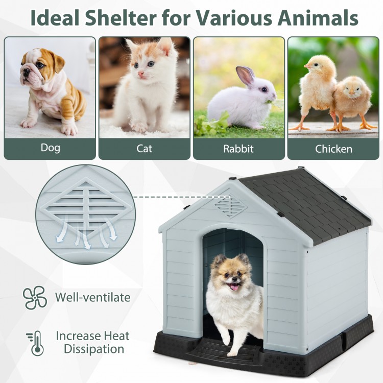Dog house for small dogs made of waterproof plastic, featuring an elevated floor for improved ventilation and comfort.