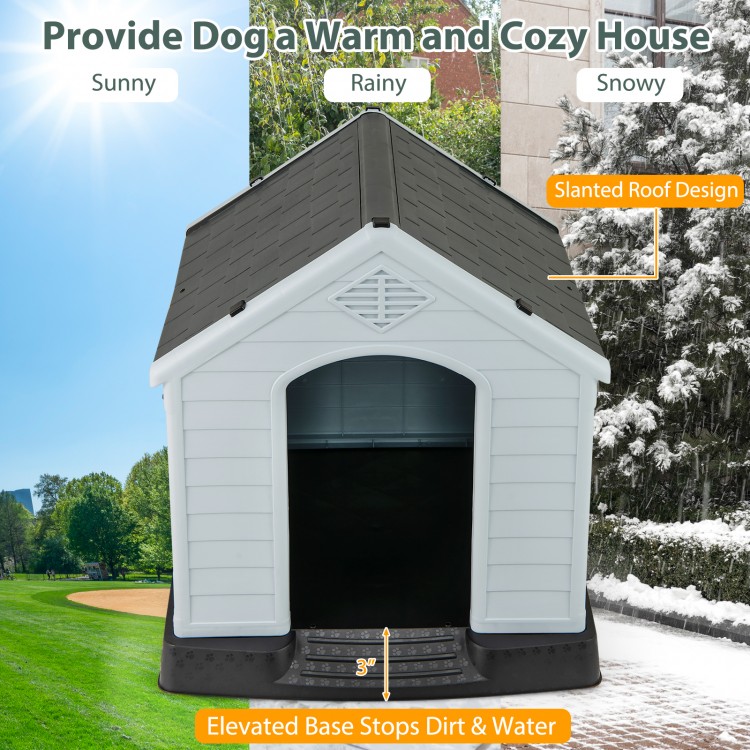 Dog house for small dogs with waterproof plastic, elevated floor, and slanted roof design for weather protection.