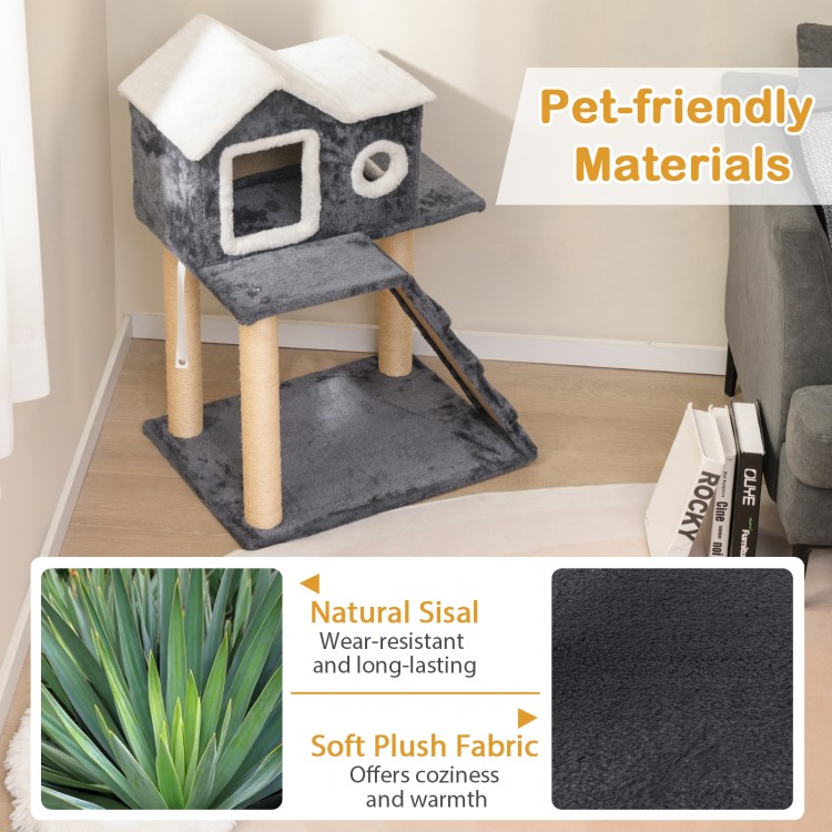 36-inch cat tree with soft plush fabric, natural sisal scratching posts, and a cozy two-level design for kittens.