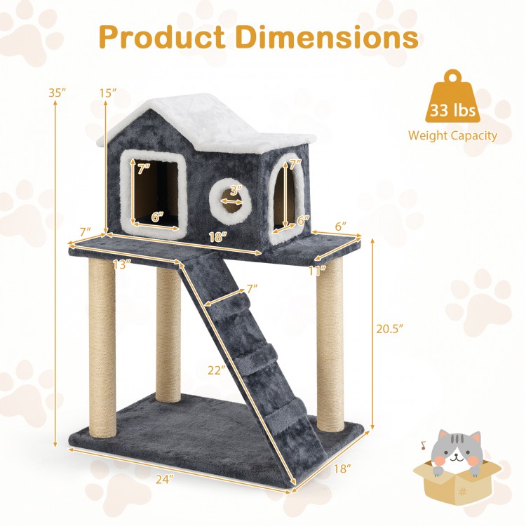 36-inch cat tree with two levels, scratching posts, and a cozy condo for kittens, featuring a stable design and plush.